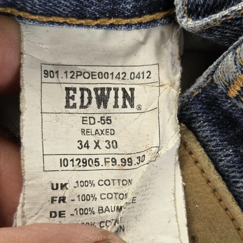 Edwin Jeans Mens 34x30 Blue Selvedge ED-55 Relaxed Japanese Denim Thrashed